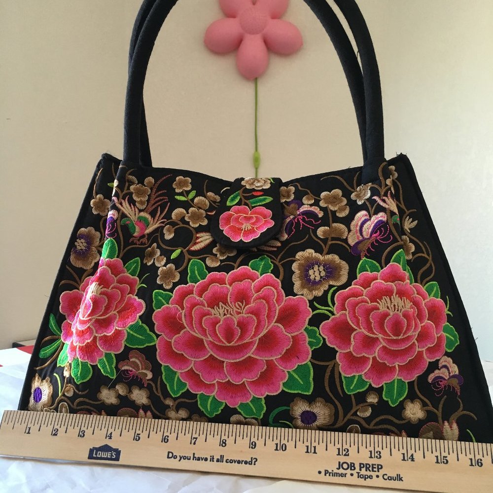 New Embroidered Floral Top Handle Tote  Pink/Black